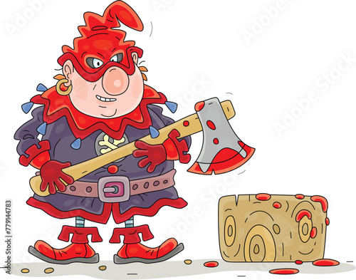 Angry executioner with a wicked grin and a bloody ax near an execution block with a big stump prepared for execution of condemned, vector cartoon illustration isolated on a white background