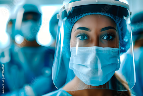 Femme médecin avec masque et visière de protection