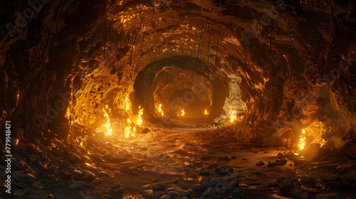 Ancient cave illuminated by mystical fire - Ai Generated