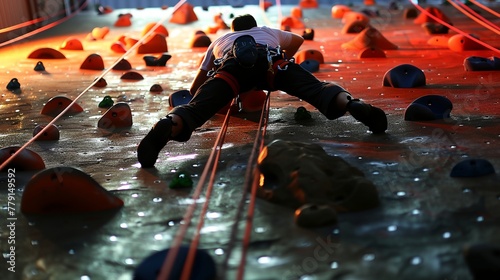 a man climbing up a rock wall with a rope and harness