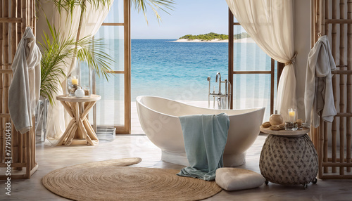 Interior of modern bathroom with white bathtub and tropical sea view