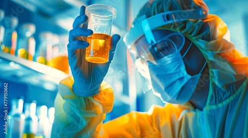 Healthcare professional handling a urine sample in a laboratory setting. Medical testing for diagnostic purposes. Concept of clinical analysis, laboratory work, medical diagnostic laboratory services.