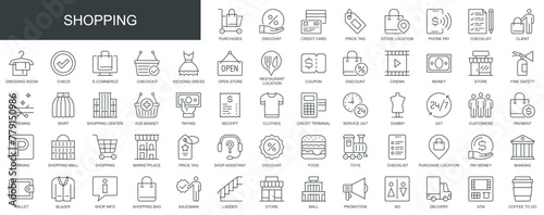 Shopping web icons set in thin line design. Pack of store, retail, sale, purchase, discount, credit card, checklist, e-commerce, checkout, store, other outline stroke pictograms. Vector illustration.