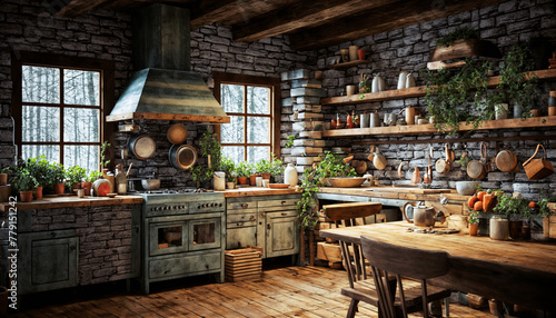 Interior of a rustic wooden house with natural green plants in pots