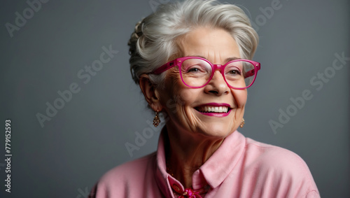 Strahlendes Lächeln einer Seniorin mit pinker Brille vor grauem Hintergrund