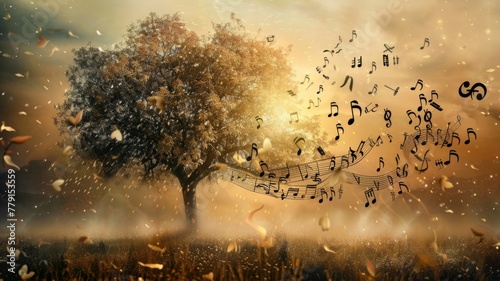 Golden tree with musical notes at dawn - A mystical oak tree with swirling music notes in a golden dawn setting, conveying the harmony of nature