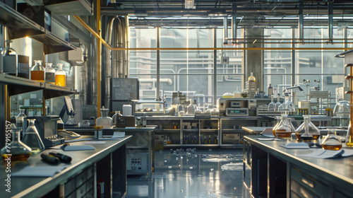 A bustling chemical research and development facility with laboratory benches, fume hoods, and analytical instruments, currently quiet but prepared to innovate in the field of chemistry