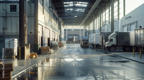 A busy food distribution center with loading docks, refrigerated storage systems, and delivery trucks, currently idle but ready to handle the transportation of food supplies