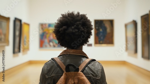 Black visitor with backpack observing paintings in art gallery