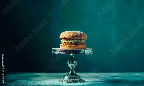 Hamburger présenté sur un plat à pied