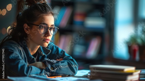 A young teacher with glasses sits at a table with a stack of books. She looks thoughtful.