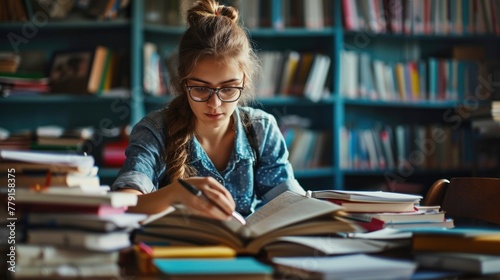 A young teacher wearing glasses sits at a table in a library, surrounded by stacks of books. She's focused on the open book in front of her, taking notes.