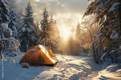 Camping tent in snow forest. Winter hiking.