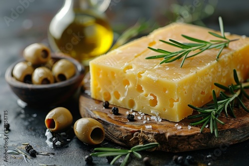Cheese with olives and rosemary herb. Food photo.