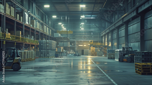 A modern logistics warehouse with shelves, forklifts, and automated inventory management systems, temporarily empty but ready for efficient storage and distribution operations