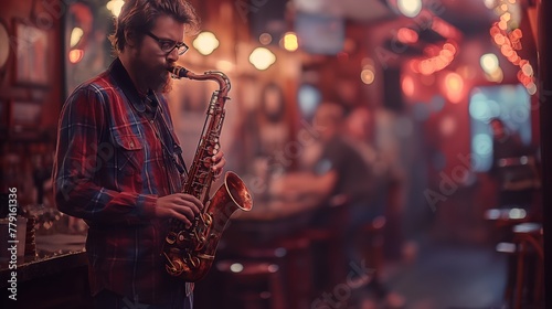 The vibrant spirit of a saxophonist in mid-performance within the lively, red-hued backdrop of a bustling bar