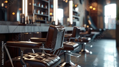 A row of leather chairs in a dimly lit barber shop.