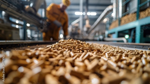 Photograph a worker inspecting biomass wood pellets with the industrial machinery used for pellet production in the background, focusing on the quality control process