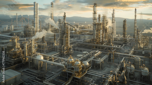 An expansive oil and gas refinery with distillation towers, storage tanks, and pipelines, temporarily at rest but ready to process crude oil into valuable petroleum products