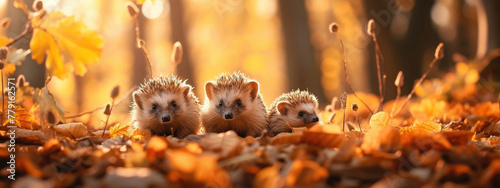happy hedgehogs are playing on a meadow in the forest