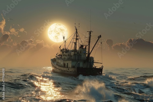 Giant trawler sailing in the ocean