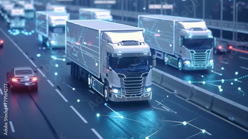 Autonomous Trucks Leading Highway Traffic at Dusk