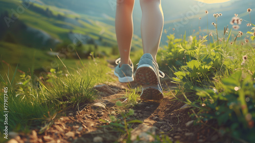 Female legs running and hiking a mountain trial with sport shoes, close up back view portrait
