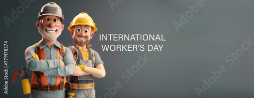 2 hommes avec rendu 3D, travailleurs du BTP, en tenue avec leur casque (EPI), avec le texte en anglais "International Worker's Day" pour la fête du travail le 1er Mai. Fond gris avec Copy space 