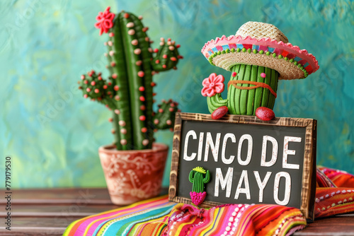 Concepto de celebracion del 5 de mayo en Mexico. Maceta con cactus con cara, sombrero charro sobre tabla de madera , fondo grunge turquesa y cartel