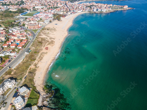 Aerial view of town of Sozopol and Harmanite Beach, Bulgaria