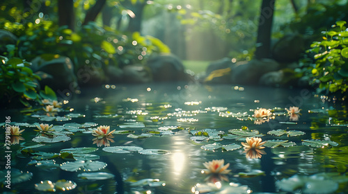 garden pond with pond roses and reflection of the sun in the water surface, backlight scene