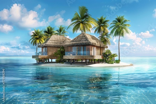 A serene tropical island with a thatched hut, perfect for travel websites or vacation brochures