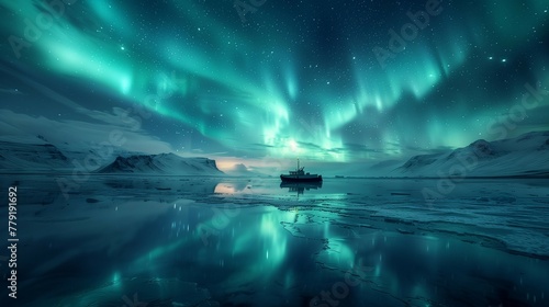 Aurora Borealis dancing over Icelandic frozen lake, generative ai