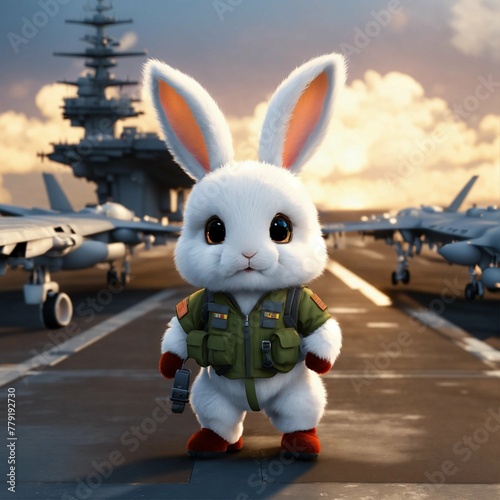 A cute fluffy rabbit pilot walking on a military aircraft carrier, unreal engine render, 8k, cinematic