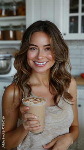 Maman sportive et épanouie de 40 ans souriante buvant un smoothie protéiné ou café latte du matin dans sa cuisine, régime minceur et santé