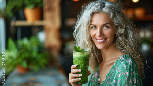 Femme ou mère de 50 ans souriante buvant un smoothie protéiné ou jus vert detox du matin dans sa cuisine, régime minceur, santé, vitalité et anti vieillissement