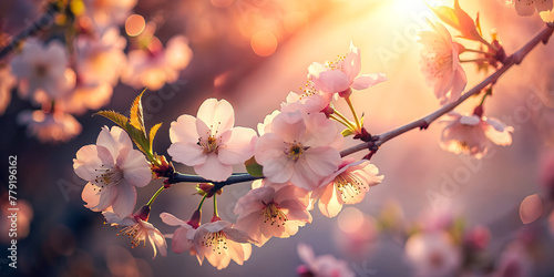 A close-up shot of a cherry blossom branch in full bloom, with soft petals delicately lit by the morning sun