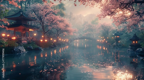 Fleeting Beauty of Spring: Misty Japanese Garden, generative ai