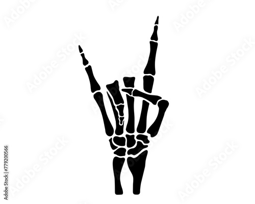 Skeleton hands gesture horns, rock, fingers, black flat vector, cut files