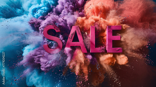 SALE word among splashy colorful powder or dust, offer, bargains, discount