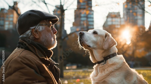 Blind handicapped old man and trained guide dog golden retriever on street outside city background. Generative ai