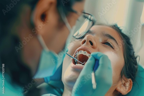 close up of a dentist fitting a patient with braces