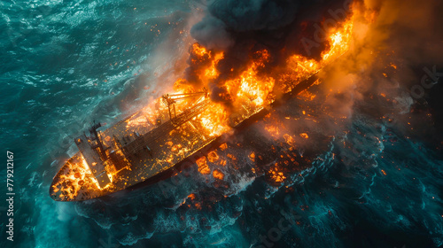 Aerial view of a burning tanker ship in the middle of the sea