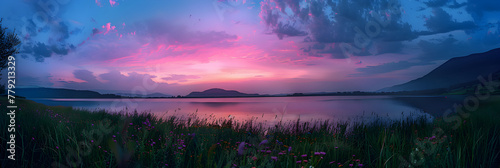 Breathtaking Palette of Nature - Sunset Over Peaceful Lake Silhouetting Tall Mountain