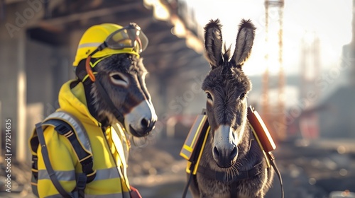 A steadfast donkey, garbed in a reflective safety jacket and a secure yellow helmet, stands as a beacon of diligence on World Safety Day.