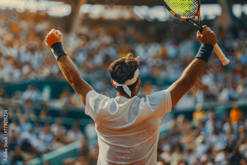 A triumphant tennis player raises arms in victory, a racket in hand, celebrating a win as the crowd cheers in the stands.