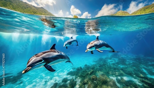 Pod of dolphins swimming near the surface in clear blue waters. Undersea view of animals. The aquatic ballet is a dance of grace under the waves, wild and free.