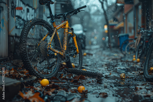 A broken bicycle chain lying on the ground next to an abandoned bike, hinting at theft or vandalism. Concept of stolen property. Generative Ai.