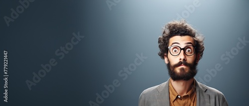 Man shouting and looking at camera with open eyes copy space for text