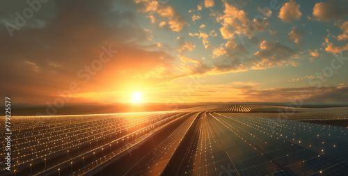 Solar panels farm. Clean eco friendly solar energy. Cloudy sunset. 